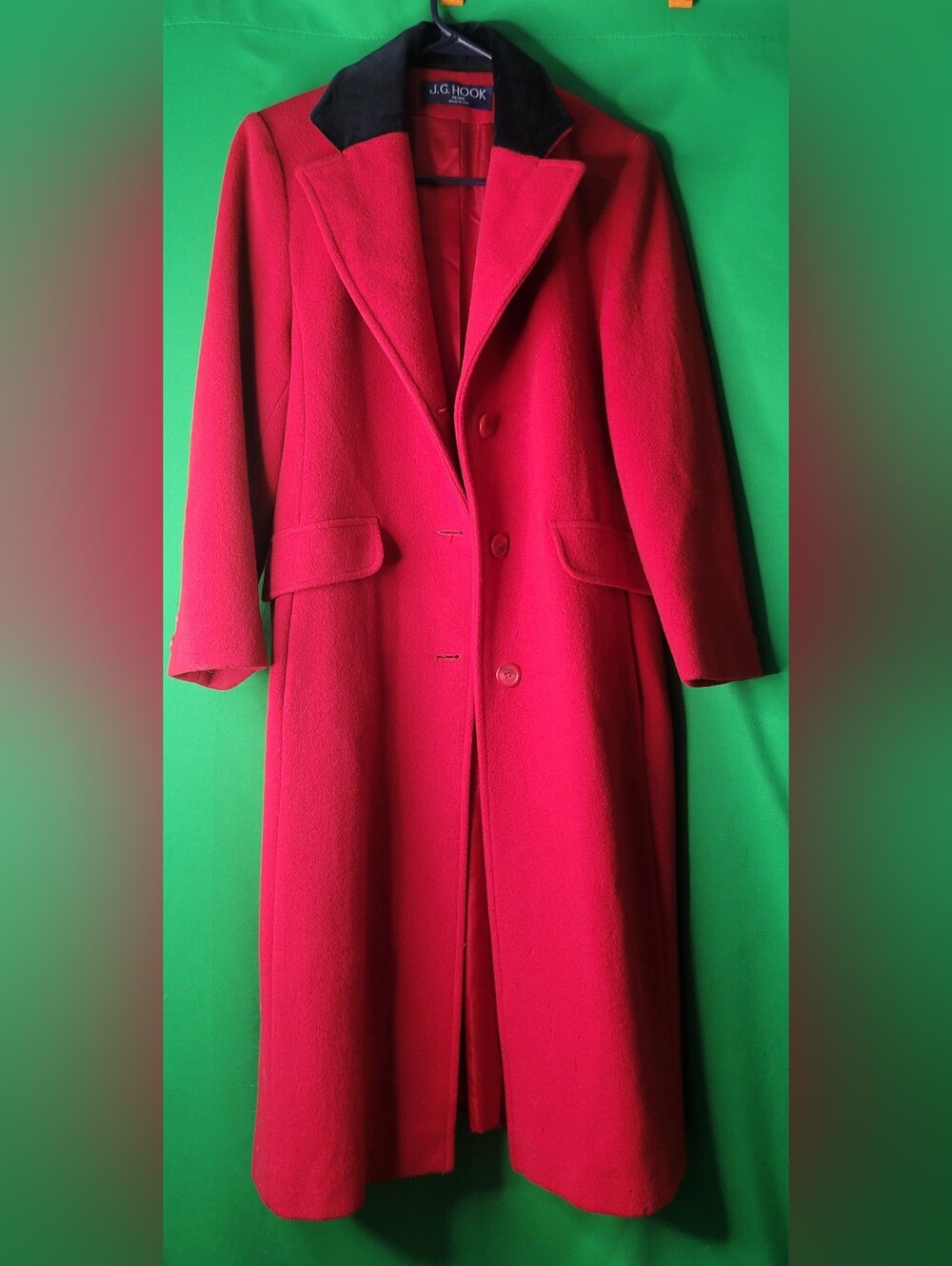 Vtg J.G. Hook Petite 100% Wool Red Long Trench Coat Sz 8